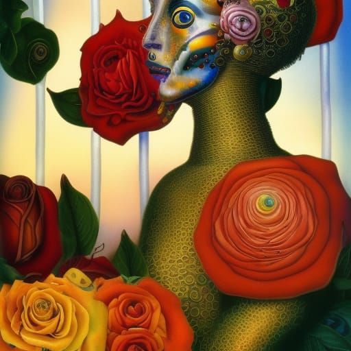 Dali-esque Robot Painting a Surreal Flower Scene