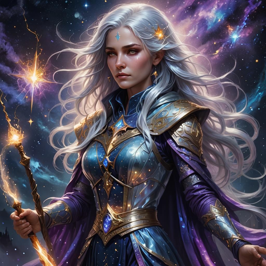 Silver-Haired Sorceress with Starlight Hair, Oil Painting