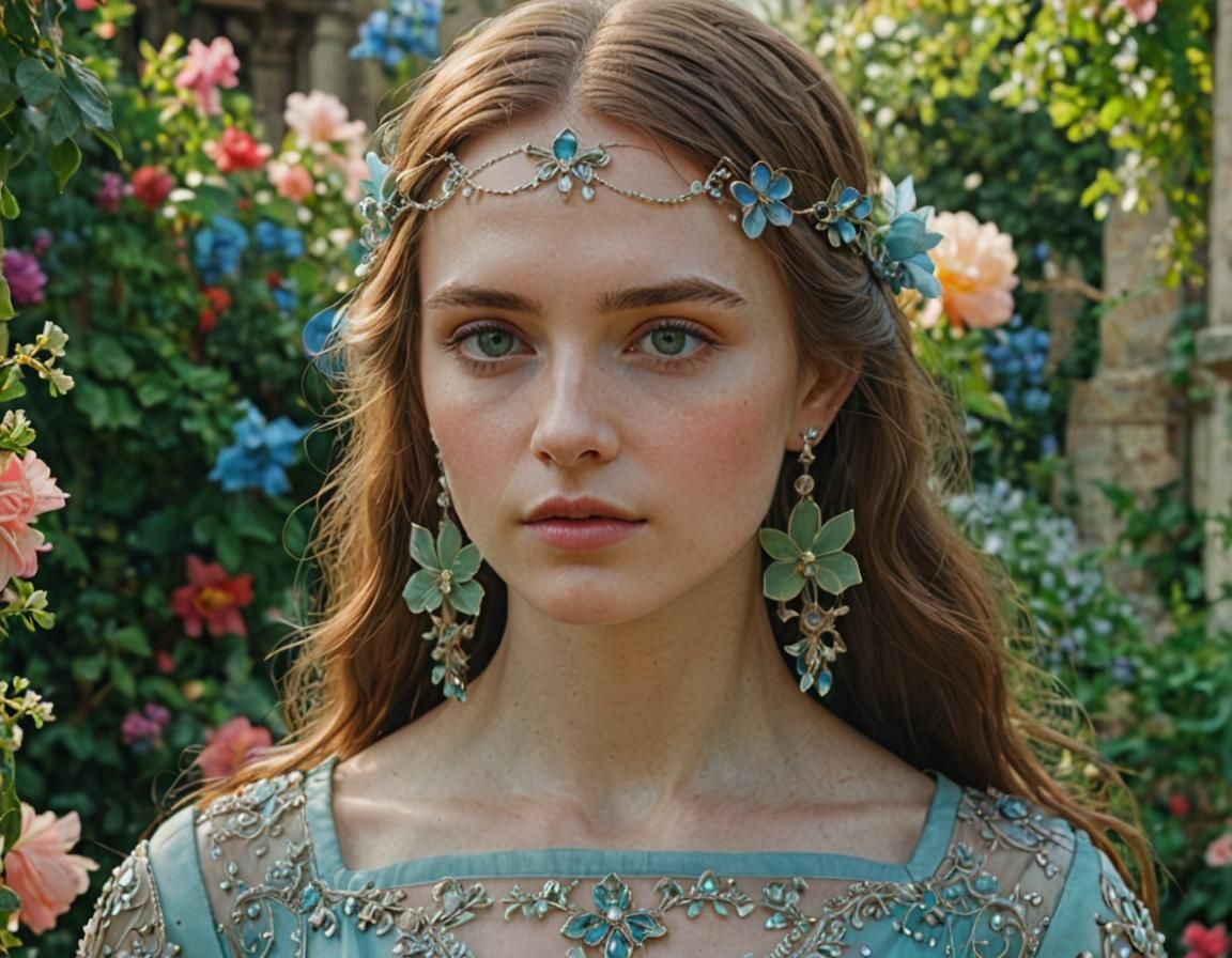 Medieval Lady in Luxurious Garden, Photorealistic Art