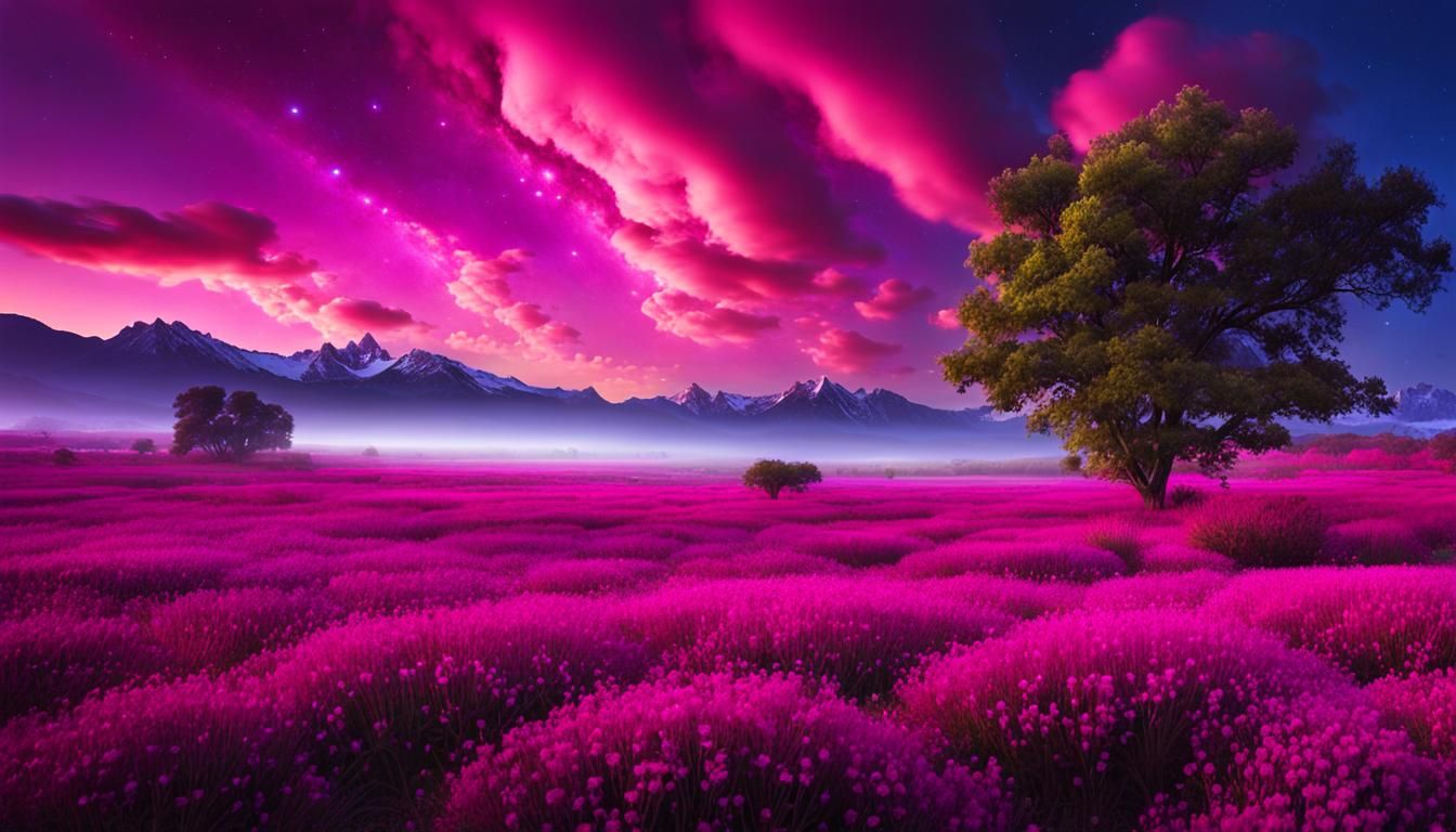 Magenta Bioluminescent Wildflower Field Under Cosmic Sky