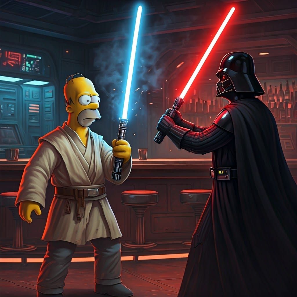 Homer Simpson Wields Lightsaber in Retro-Futuristic Bar Braw...