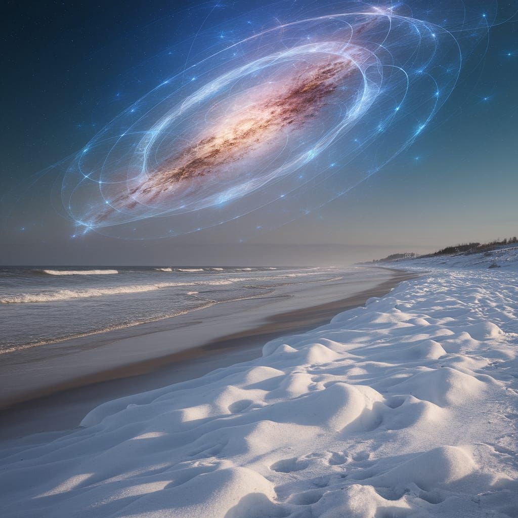 Icy Winter Beach: Holographic Cosmic Illustration