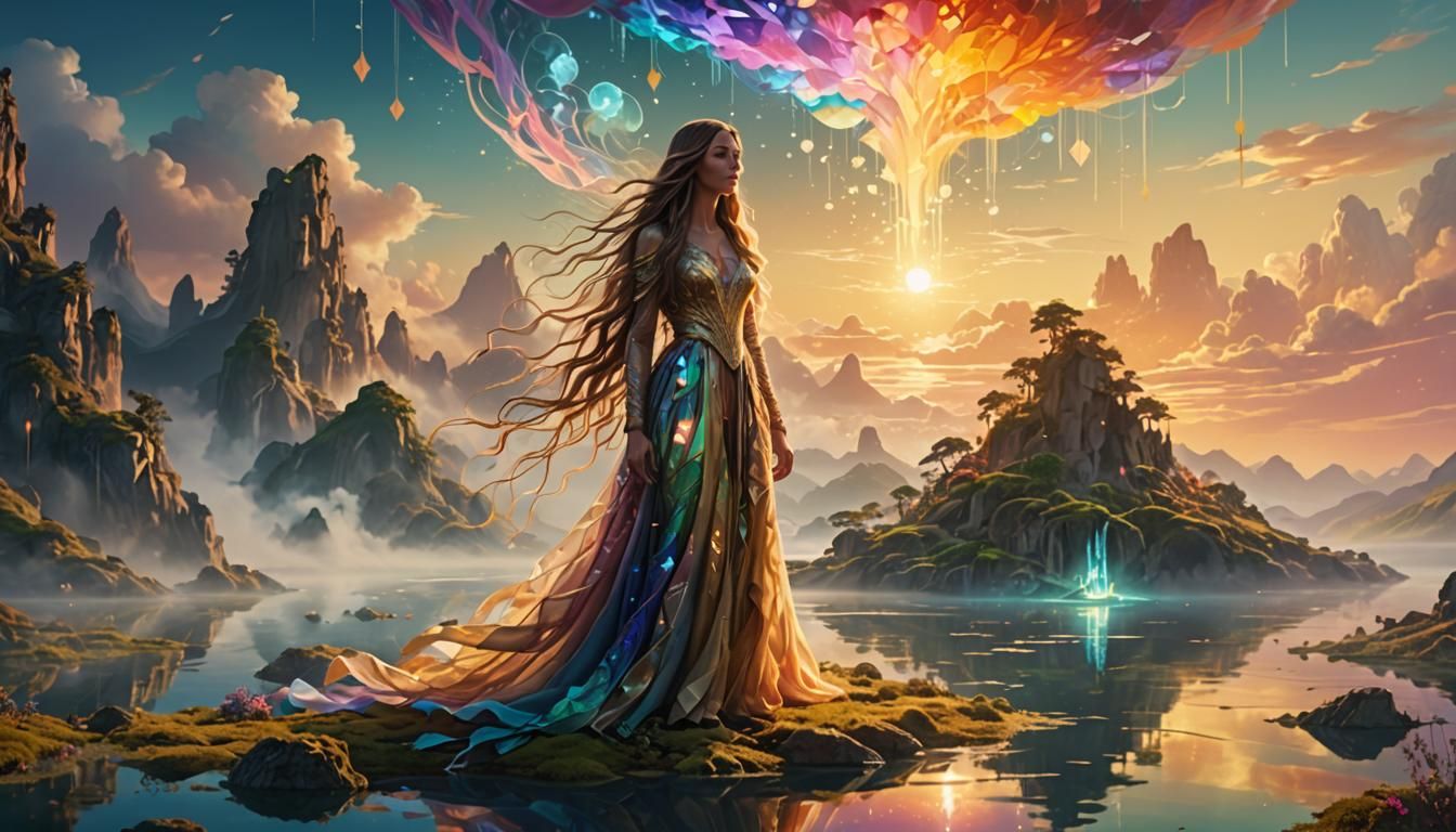 Woman on Floating Island in Dreamy Landscape