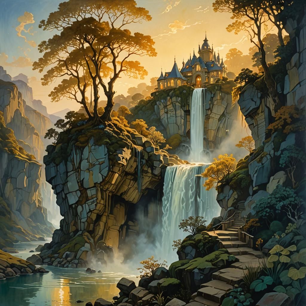 Cliffside House with Waterfall in Art Nouveau Style