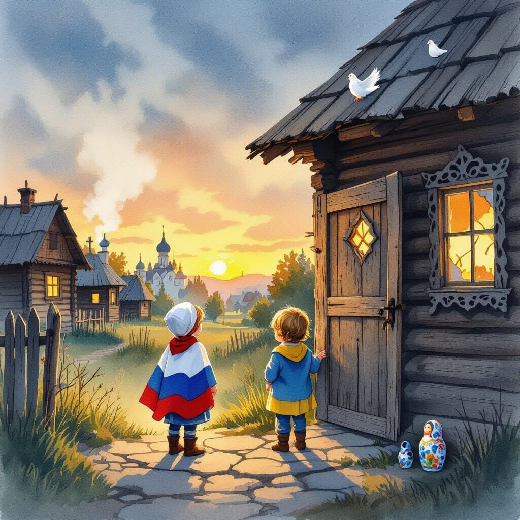 Ukrainian Village at Dusk in Watercolor Style