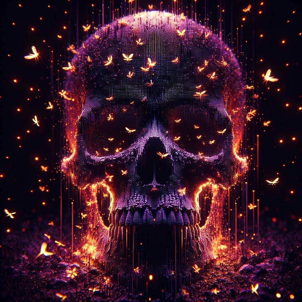 Glitchcore Skull Formed from Fireflies in the Dark