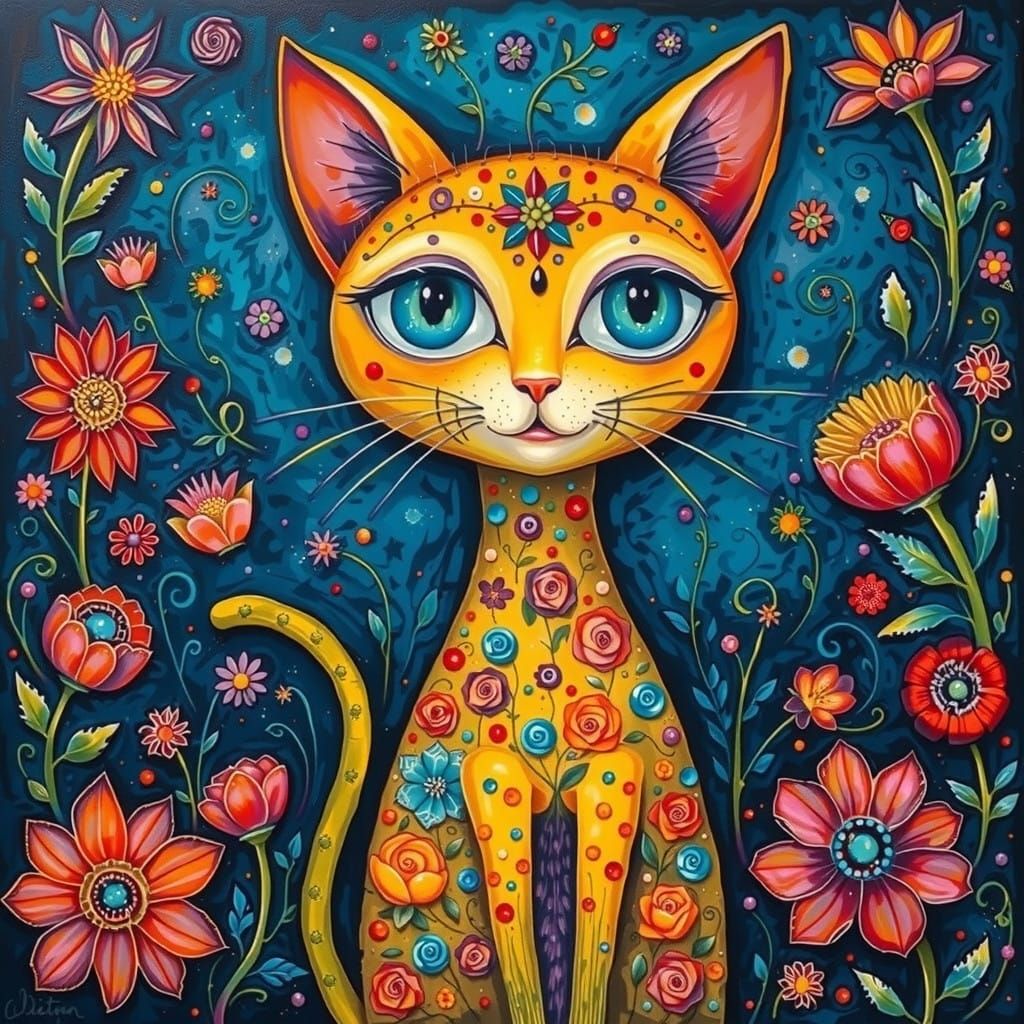 Whimsical Cat in a Stormy Floral Garden