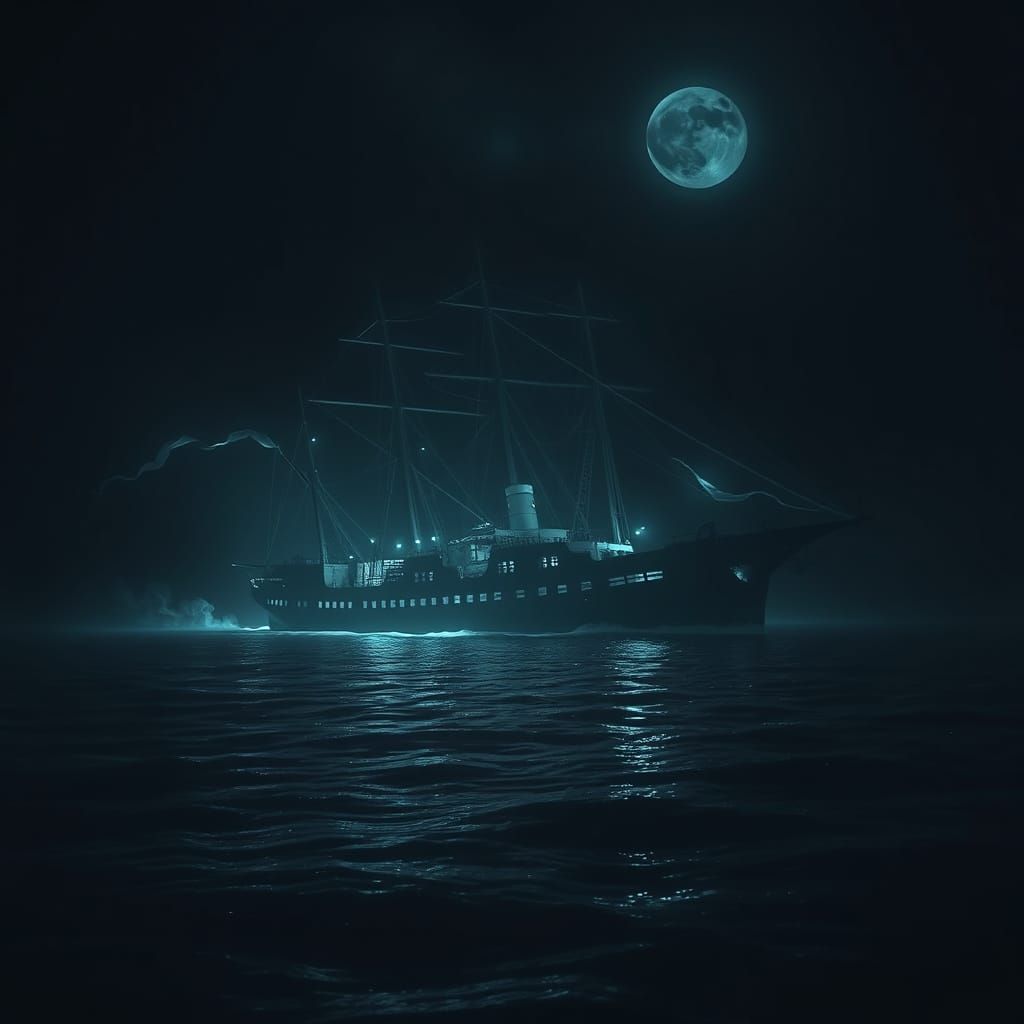A haunted ocean liner sailing on a peaceful ocean. Night is ...