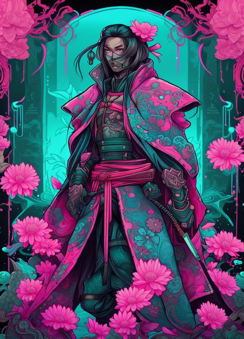 Cyberpunk Samurai with Art Nouveau Flower