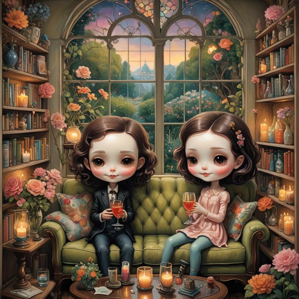 Chibi Couple Enjoying Wine, Pop Surrealism Style
