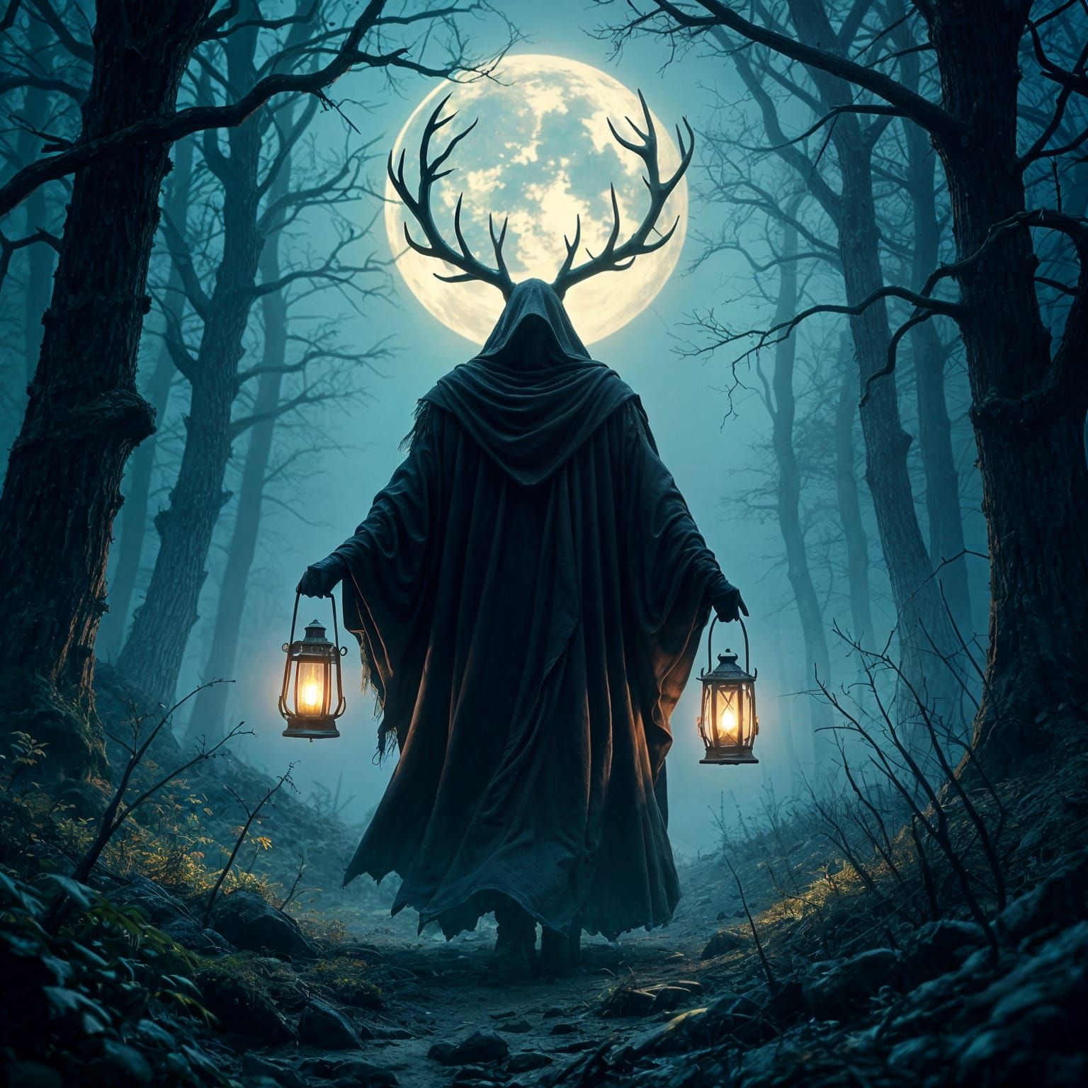 Antlered Giant in Misty Forest with Lanterns