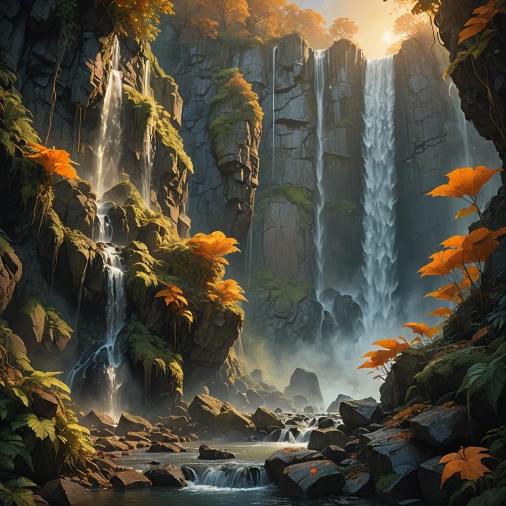 Ethereal Waterfall Fantasy Art in Unreal Engine 5 Style