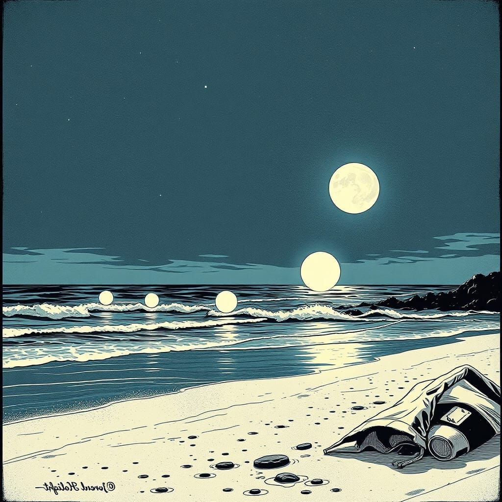 Glowing Orbs Ride the Night Surf in Vintage Comic Style