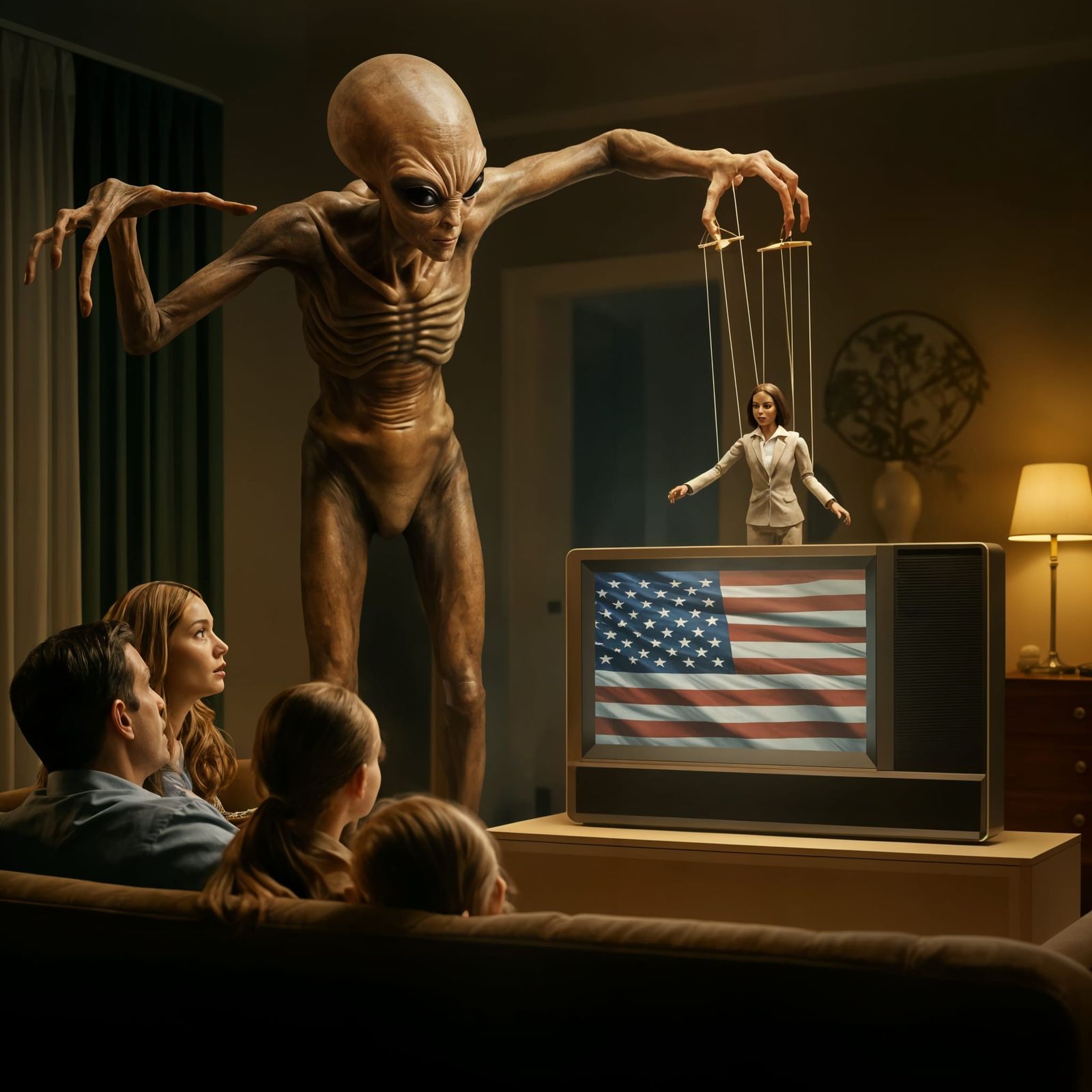 Alien Manipulates Human Marionette Behind Television