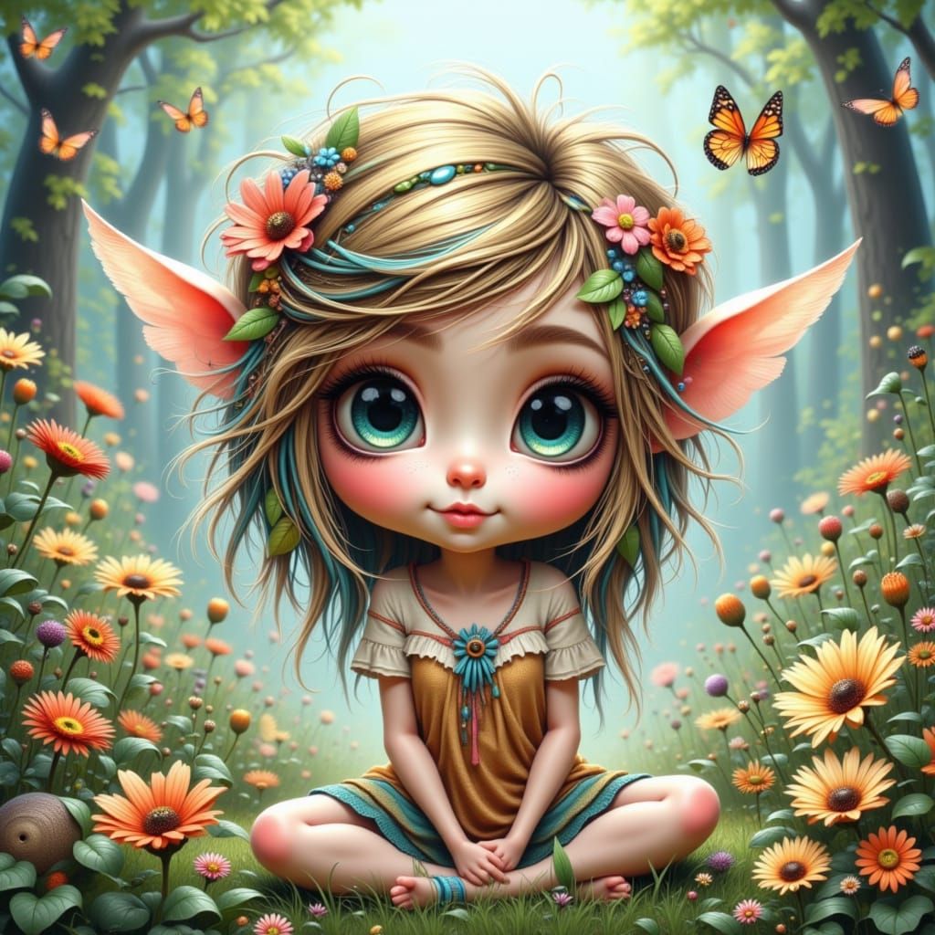 Cute Pixie in Bohemian Forest, Caricature Style