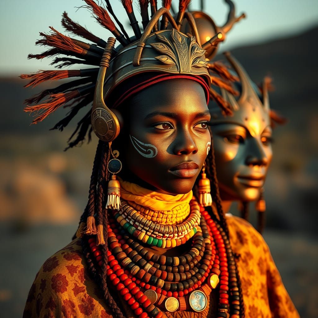 Afrofuturistic Masai Queen with Bronze Mask