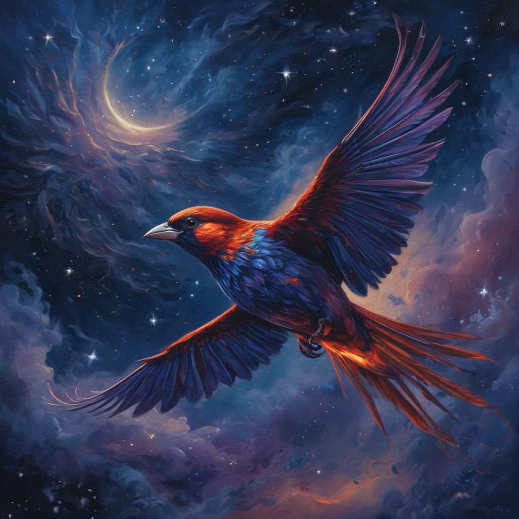 Flaming Star Sparrow Soaring in Night Sky