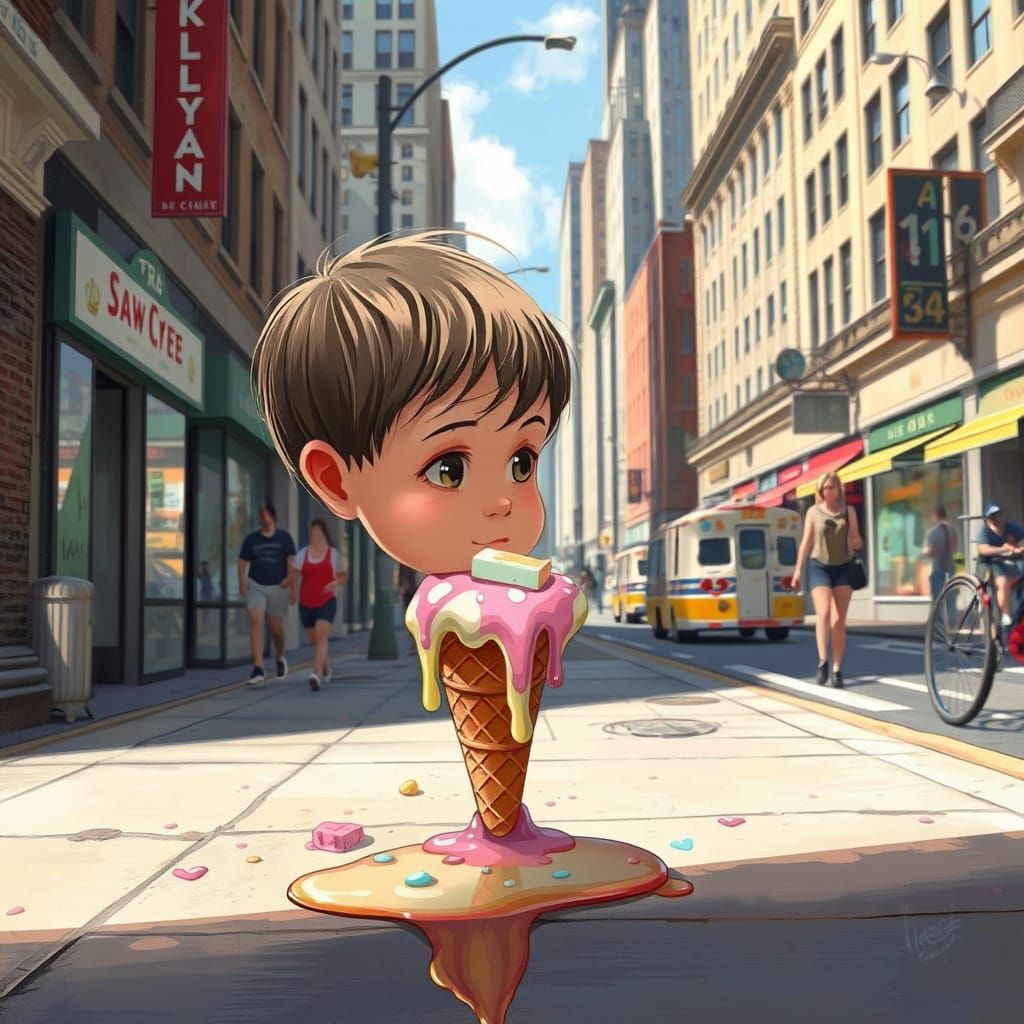 Melting Ice Cream Cone on Sunny Sidewalk