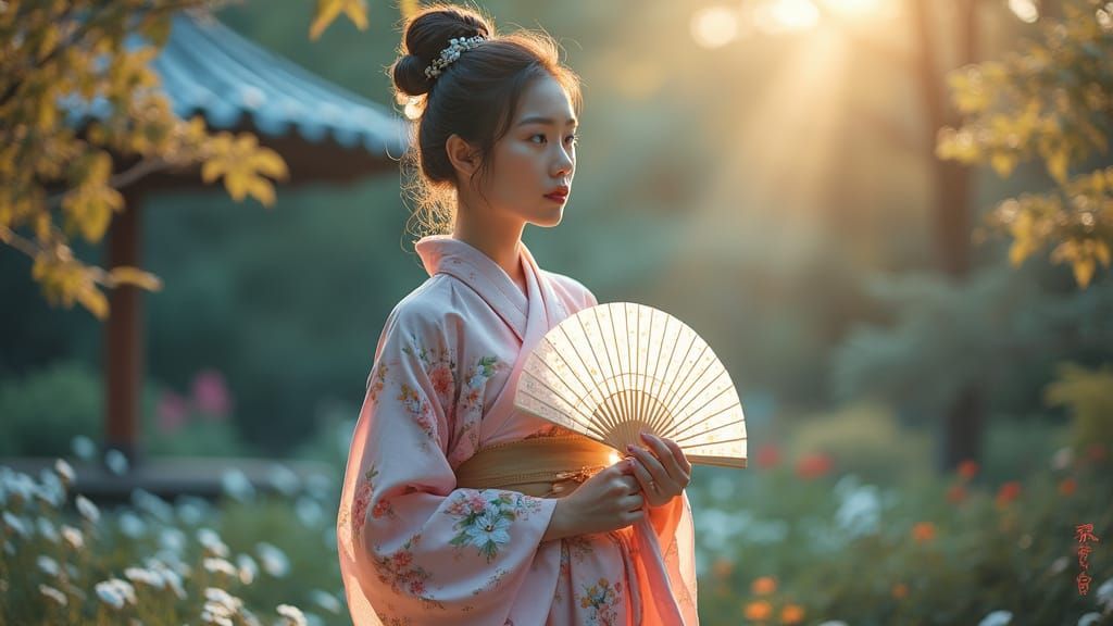 Japanese Woman in Kimono in Bioluminescent Garden