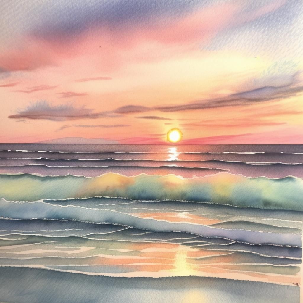 Pastel Watercolor Ocean Sunset Art