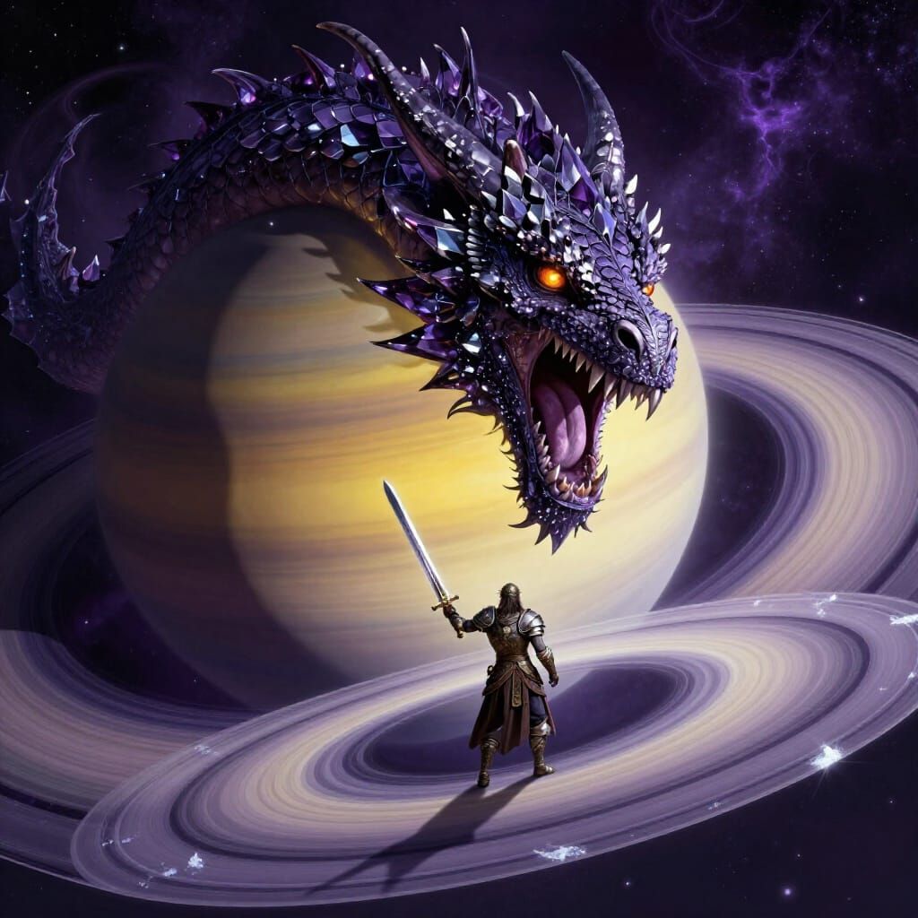 Colossal Dragon Roars at Warrior on Saturn's Rings