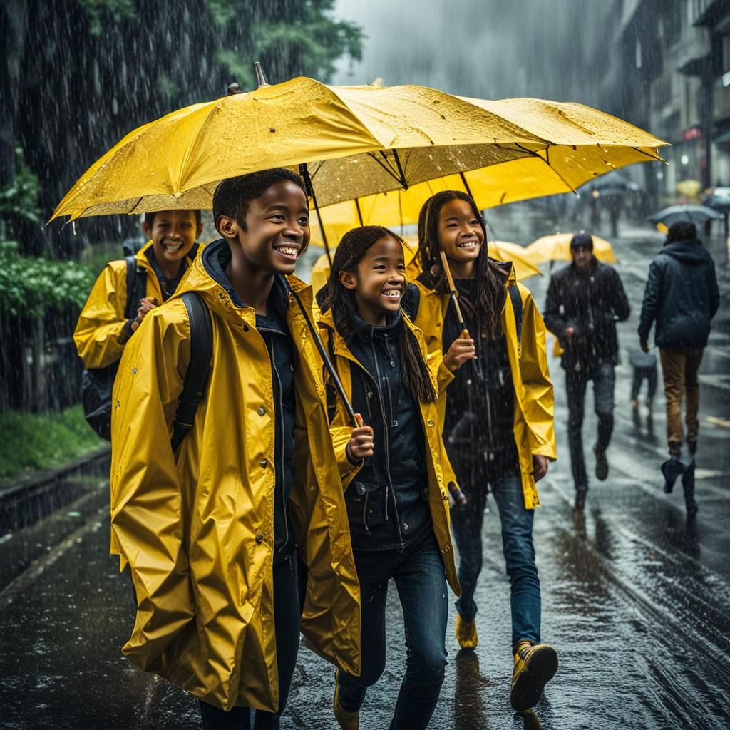 Friends Play in Rainy Weather with Yellow Umbrellas