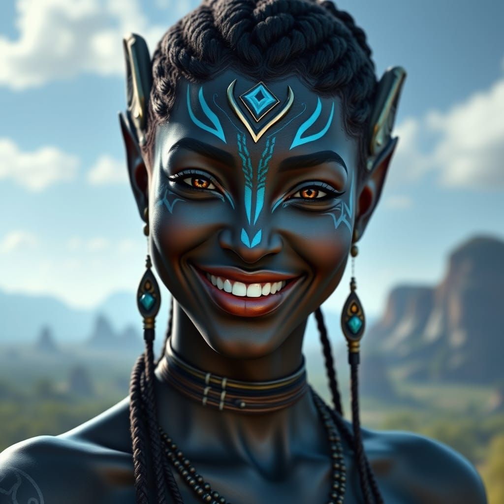Stunning Black Avatar Princess with Blue Skin in Ethereal Pa...