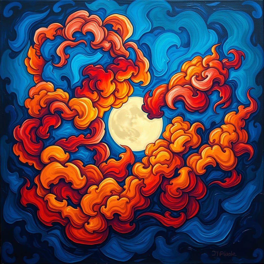 Colorful Clouds Dance Around the Moon in Expressionist Style