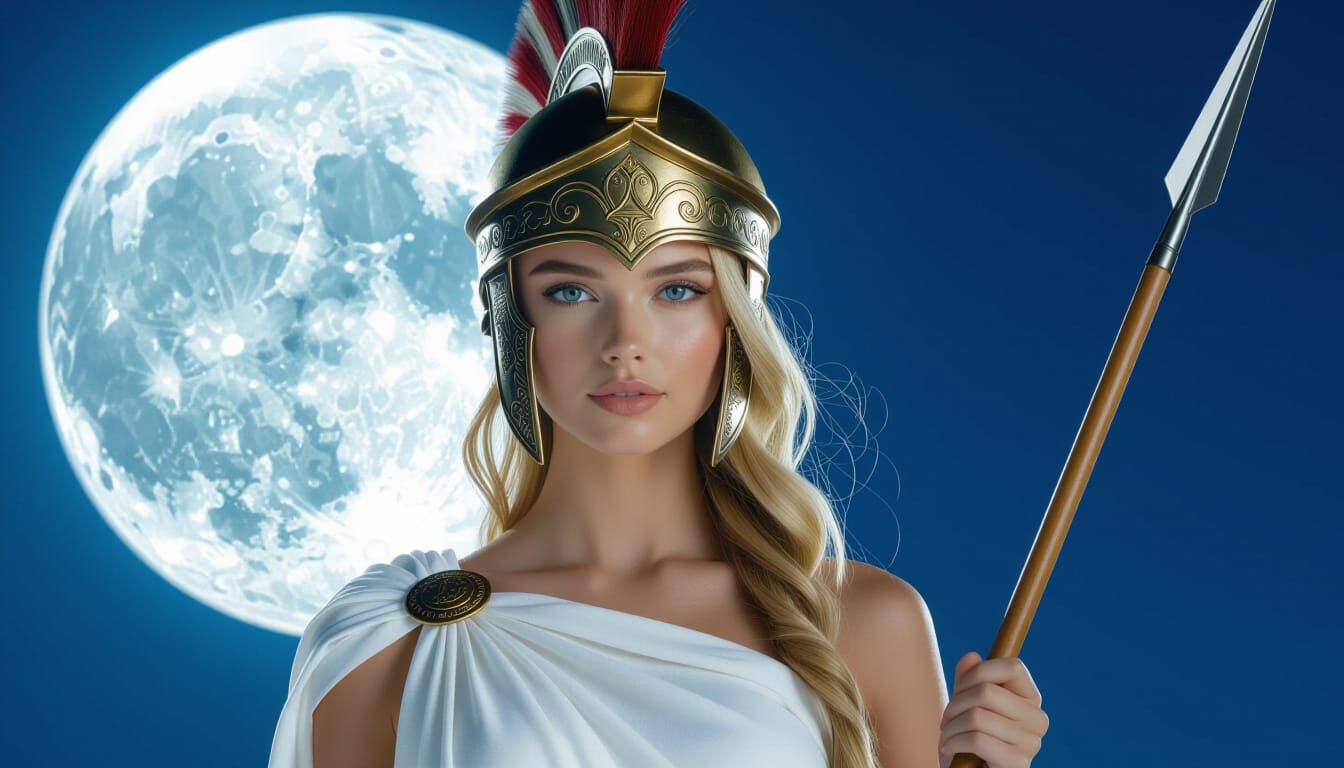 Athena Paladas: Greek Spearwoman Under Full Moon