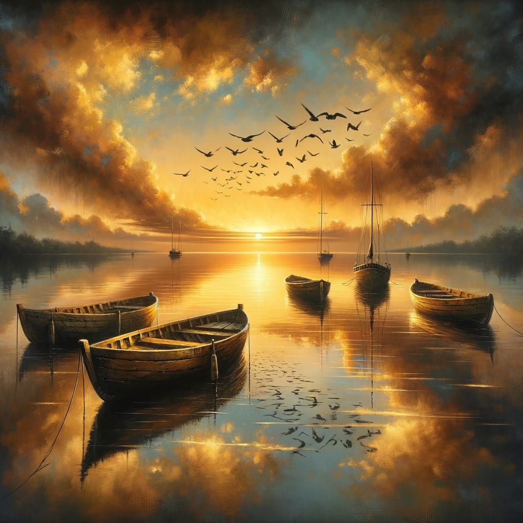 Peaceful Sunset Over Serene Water in Semi-Realistic Style
