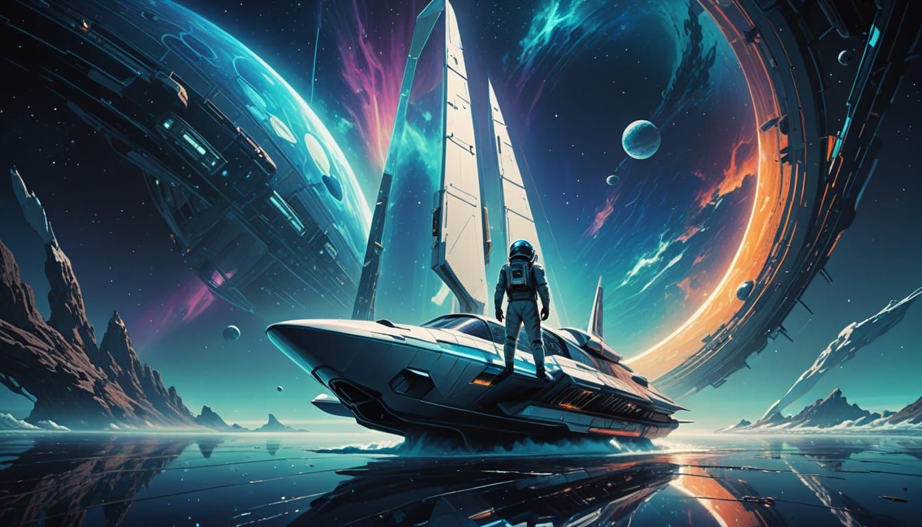 Neo-Futuristic Spaceman on Spaceship in Aurora Colors