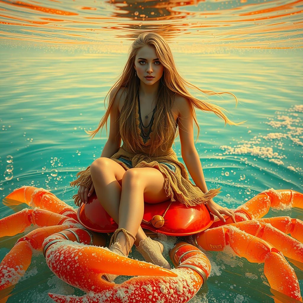 Bohemian Woman Riding Gummy Crab in Soda Sea