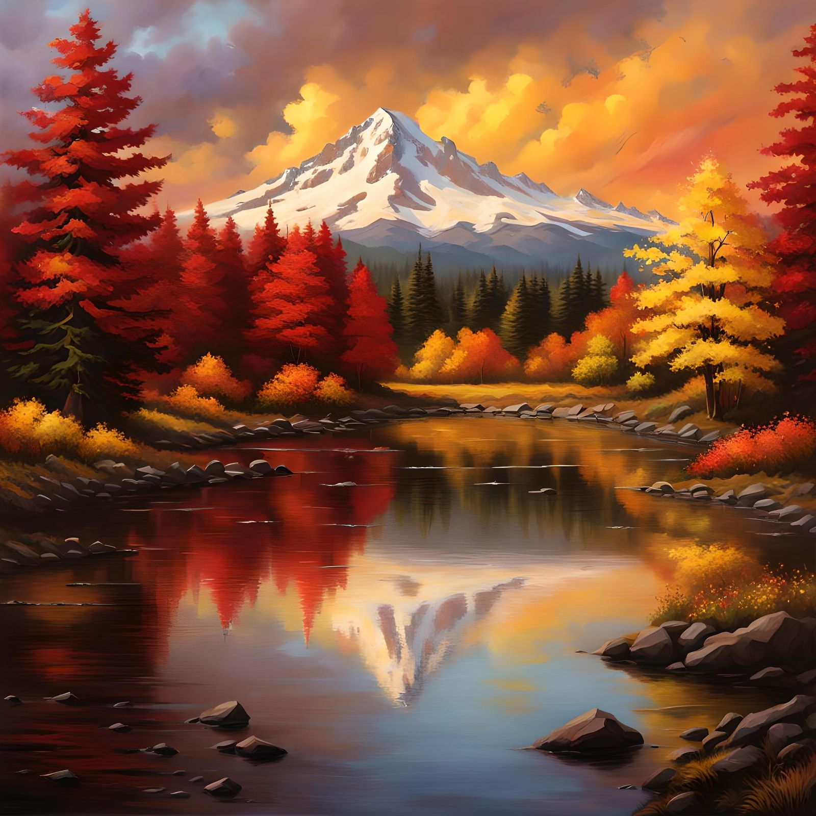 Mount Hood Autumnal Reflection in Hyperrealistic Style