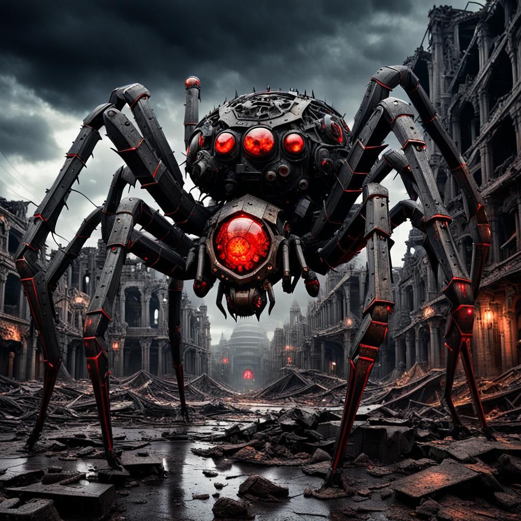 Giant Mechanical Spider in a Destroyed City