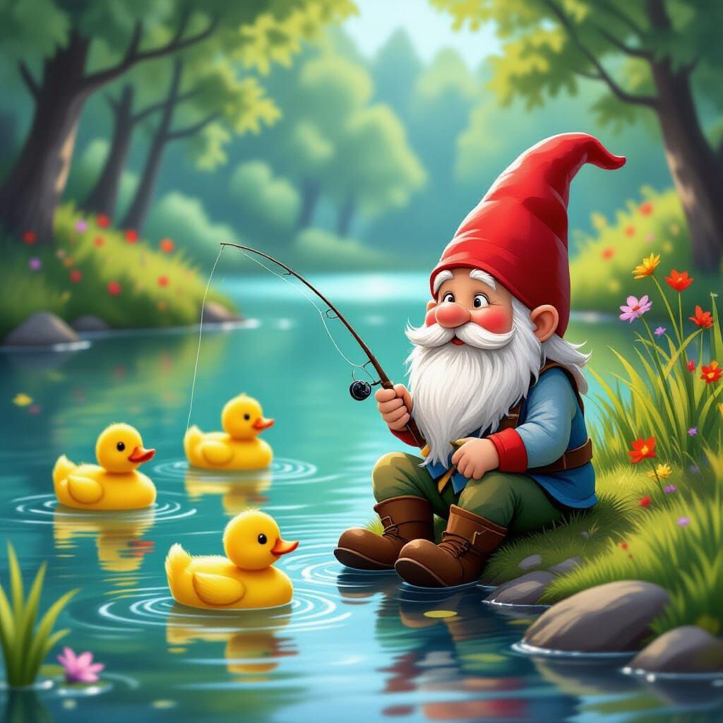 Spring Gnome Fishing by Colorful Lake with Duck Friends
