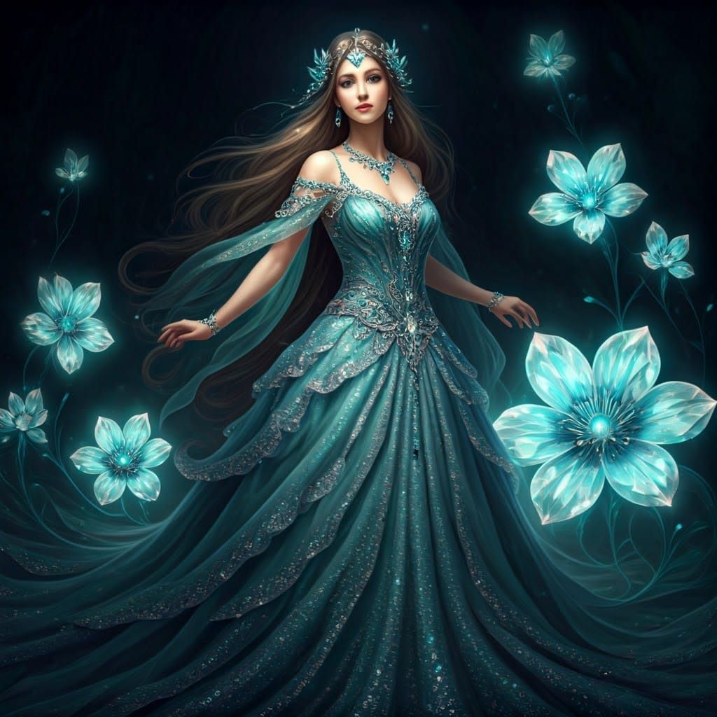 Ethereal Fantasy Goddess in Teal and Silver Gown