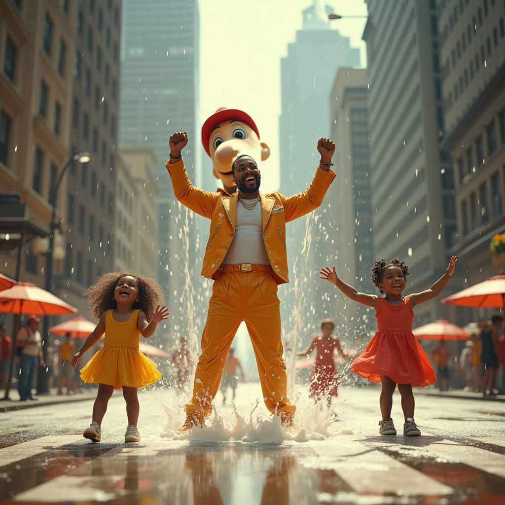 Vibrant Cartoon Diddy Dances in Rainy City Streets