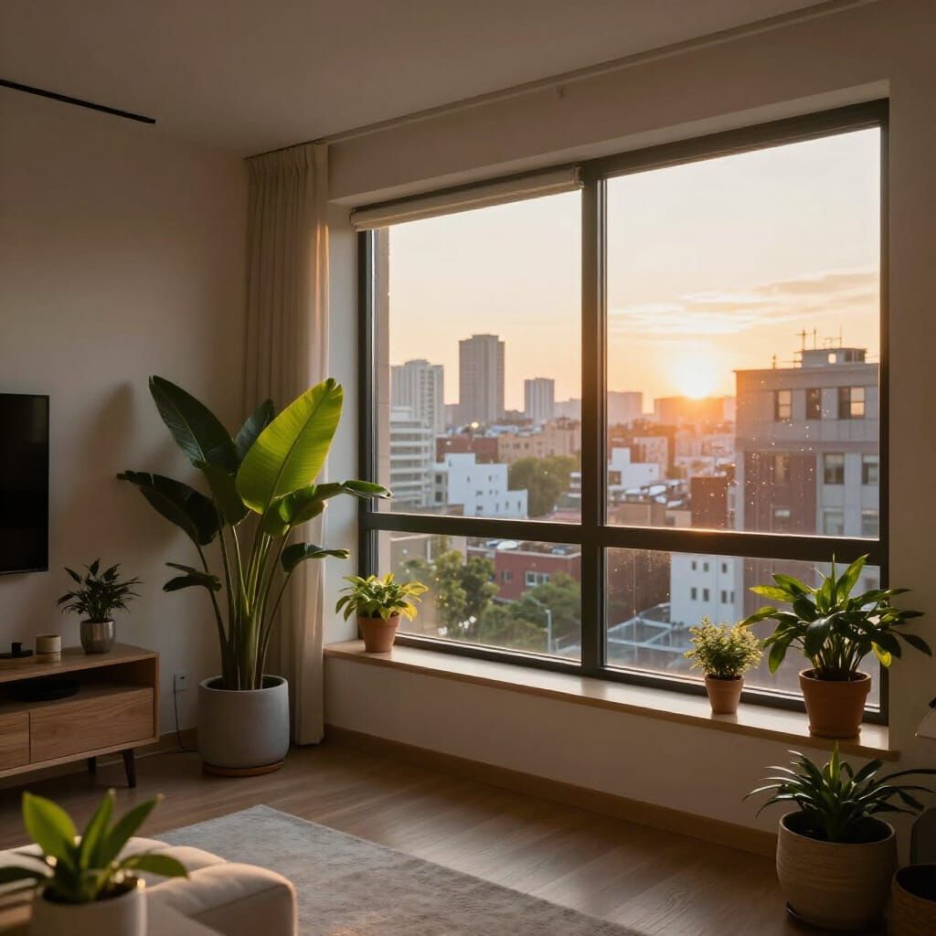 Cozy Modern Apartment with City View at Dusk