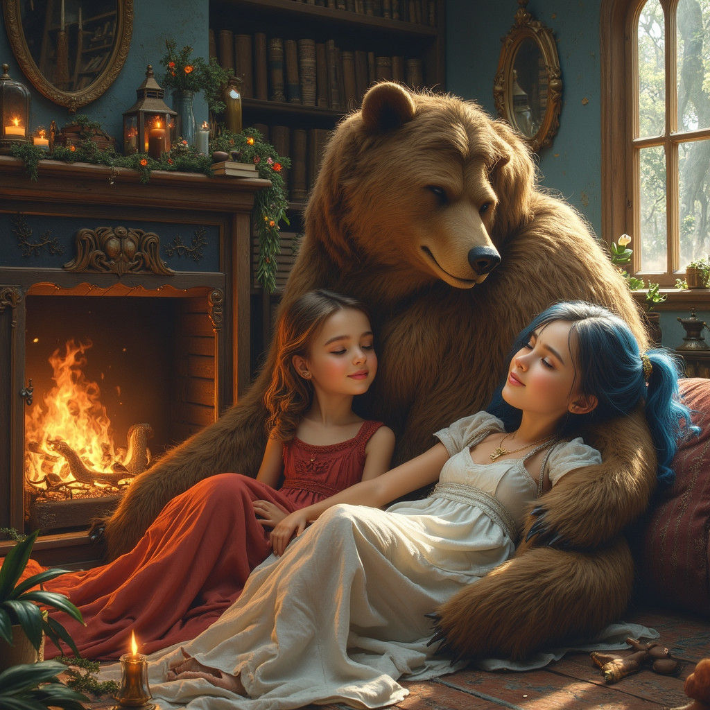 Two Girls Recline on a Sleeping Bear in a Cozy Fantasy Cotta...