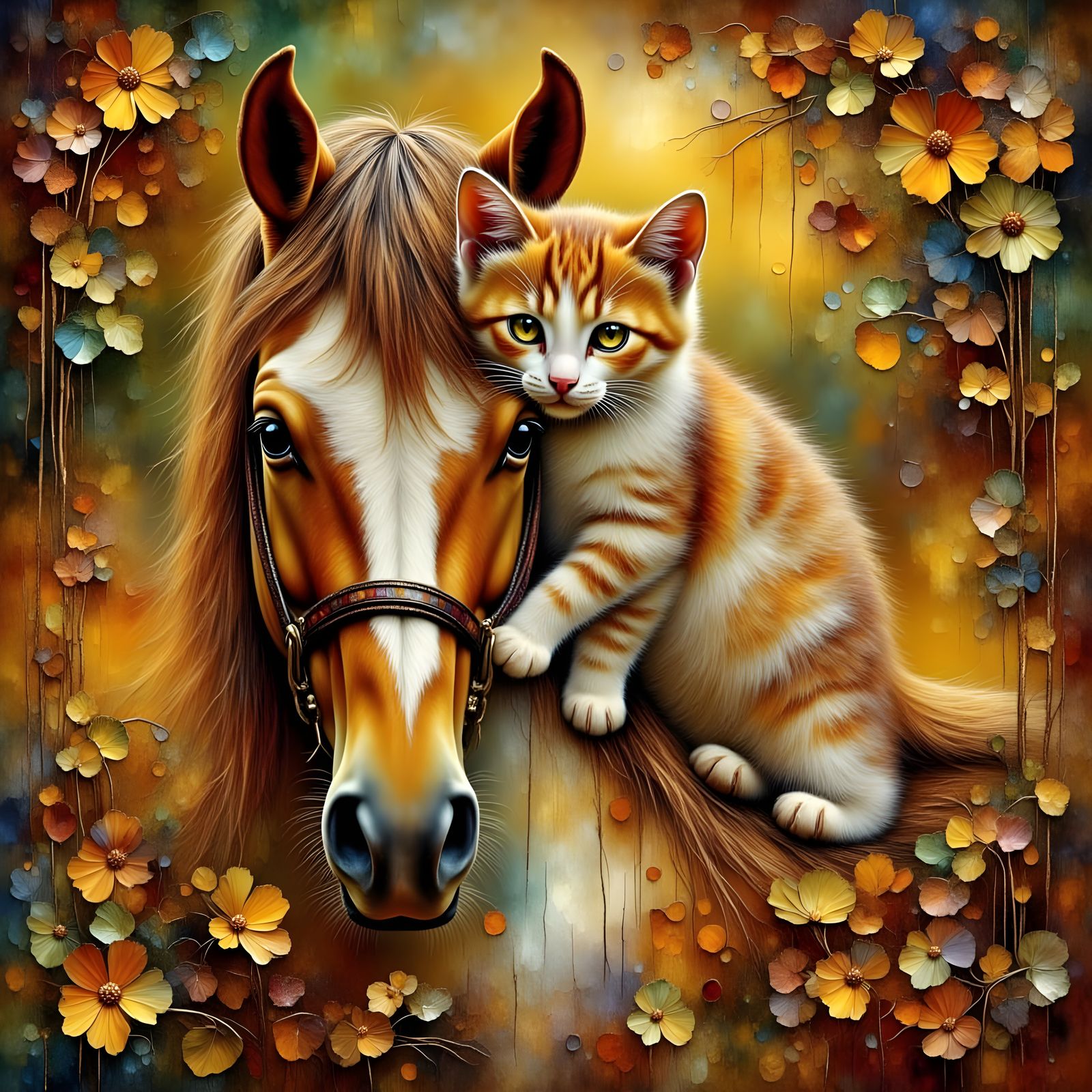 Cute Fuzzy Kitten on Horse's Head on Farm