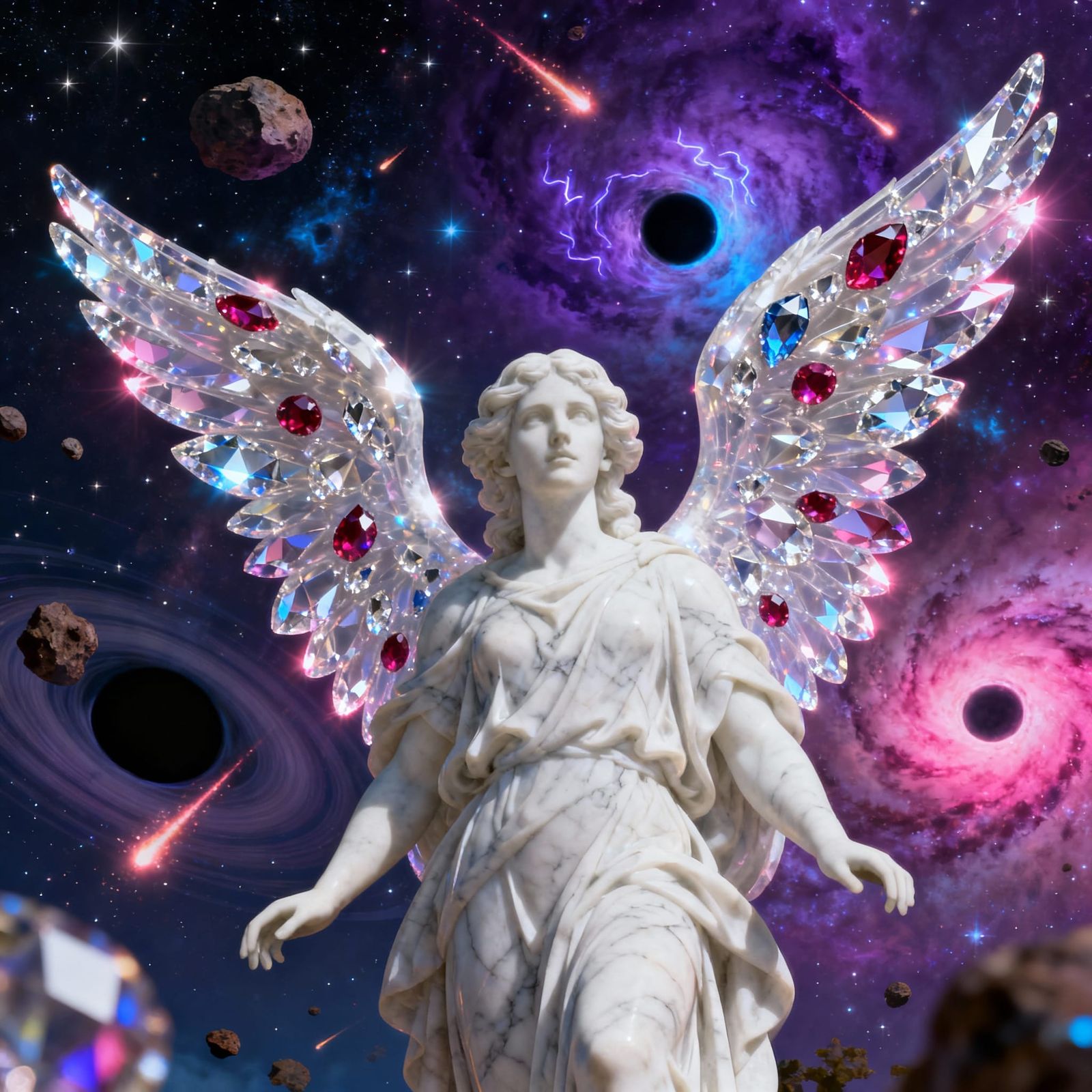 Angel with Diamond Ruby Wings in Cosmic Void