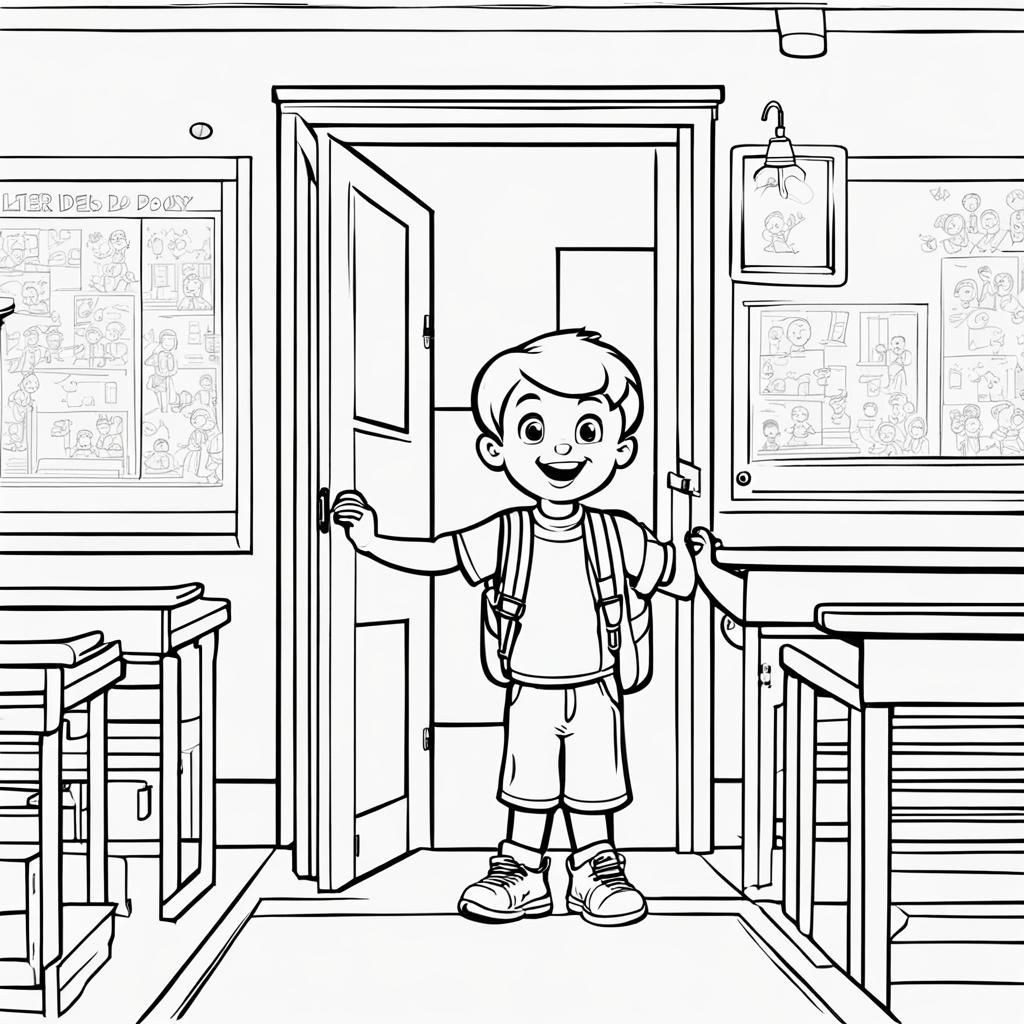 Coloring Page of Boy Opening Classroom Door