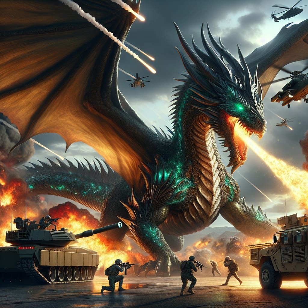 Epic Dragon vs Military Photorealistic Battle