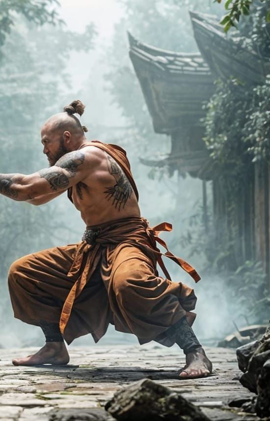 Tattooed Warrior Monks Sparring at Temple