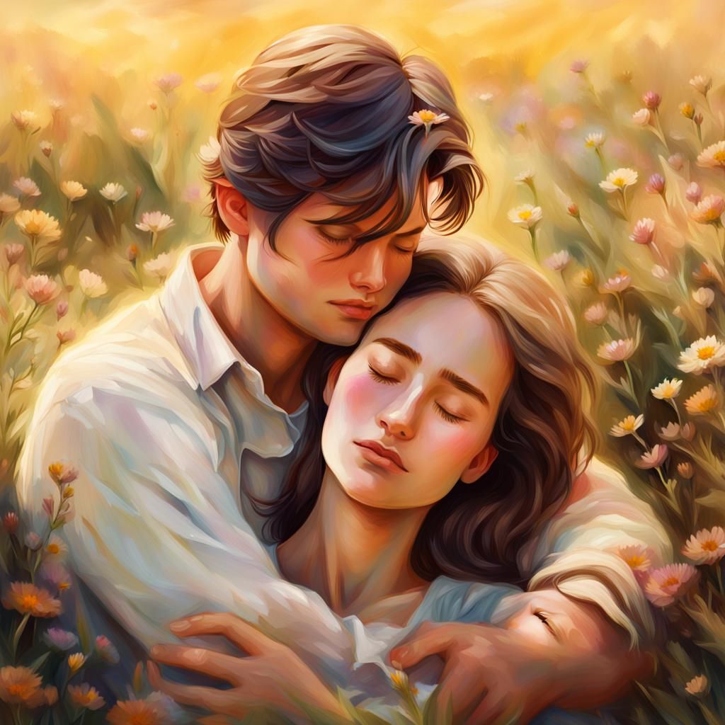 Intimate Embrace in Wildflower Field: Hyperrealistic Digital...