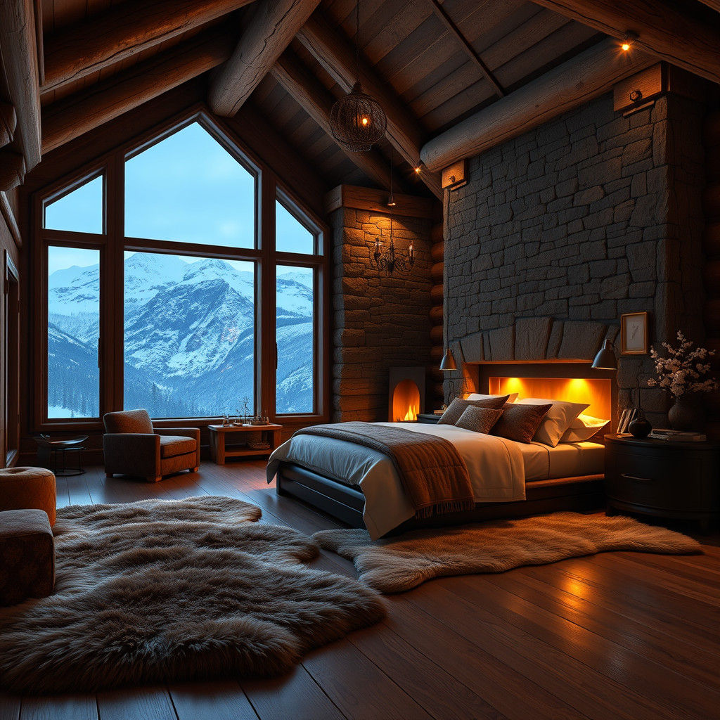 Rustic Log Cabin Bedroom at Twilight