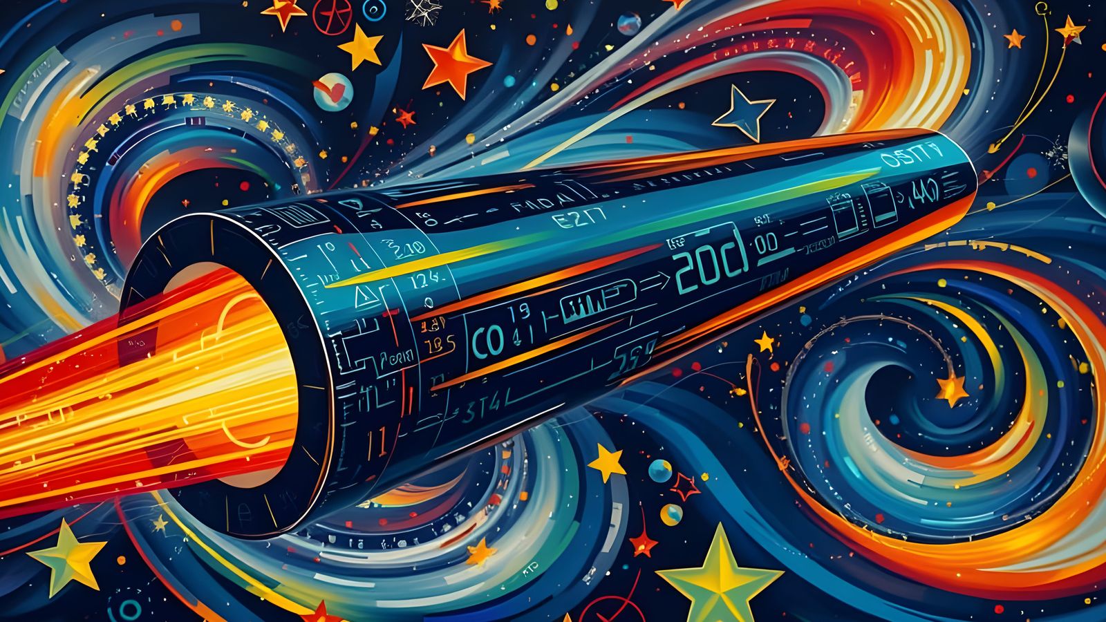 Cylinder Races Through Cosmos as Impasto Painting