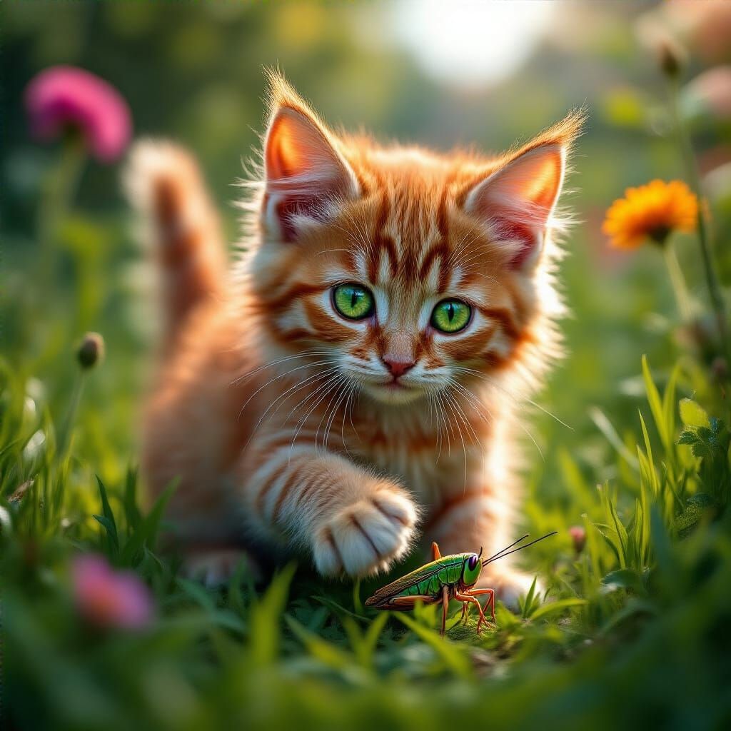 Tabby Kitten Plays with Grasshopper in Hyperrealistic Garden