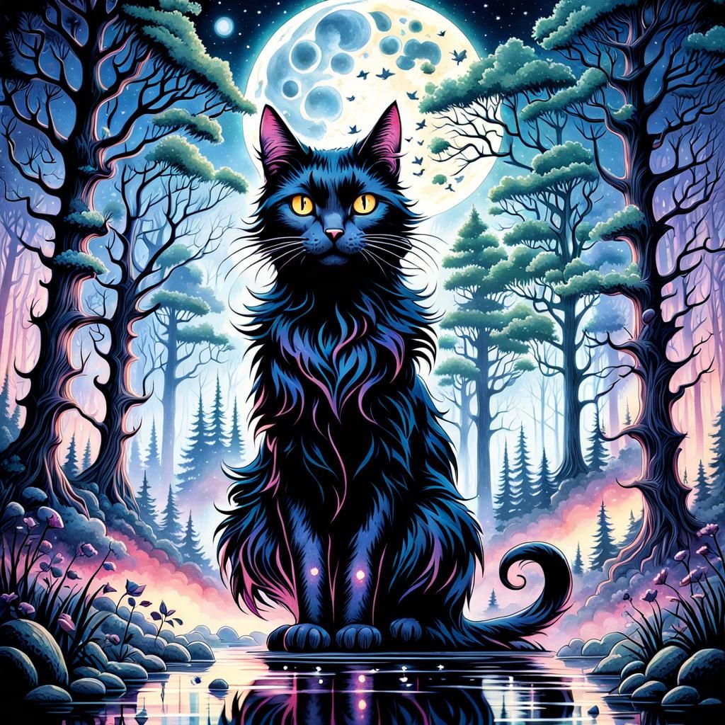 Enchanted Cat in Gothic Forest: Double Exposure Art