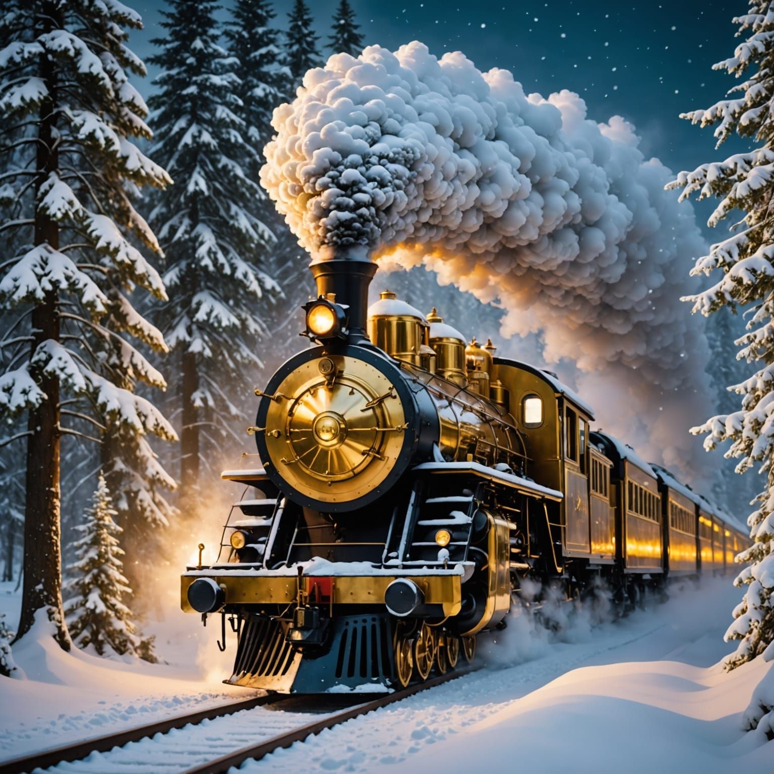 Golden Steam Train in Snowy Forest Twilight